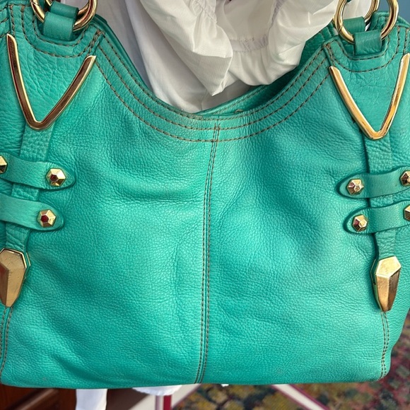 Oryany large Shoulder Bag leather green side of Aqua many inside pockets gold - Picture 7 of 17